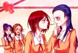  bad_id bad_pixiv_id blue_eyes blue_hair blush brown_hair eyelashes food food_in_mouth futari_wa_precure_splash_star half_updo heart hyuuga_saki ivory_(25680nico) kiryuu_kaoru kiryuu_michiru long_hair mishou_mai mouth_hold multiple_girls negom pocky precure purple_eyes purple_hair red_eyes red_hair school_uniform shared_food short_hair smile third-party_edit very_short_hair yuri yuunagi_middle_school_uniform 