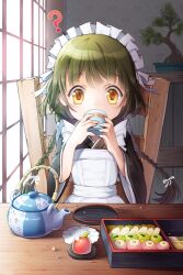  ? bonsai braid commentary_request crumbs cup drinking female food gilse green_hair long_hair looking_at_viewer maid maid_headdress orange_eyes pov_across_table solo sword_girls teacup teapot twin_braids wagashi 