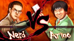  2boys angry_video_game_nerd arino_shin&#039;ya blue_eyes brown_hair character_name commentary fiery_background fire frown gamecenter_cx glasses jaimito james_rolfe male_focus multiple_boys parody power_glove_(nintendo) red_background smile street_fighter street_fighter_iv_(series) style_parody vs 