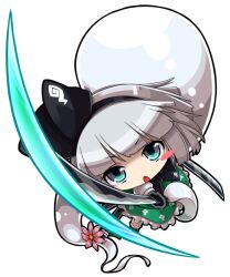  atyuto bad_id bad_pixiv_id blush_stickers chibi dual_wielding female flower full_body ghost grey_eyes grey_hair hitodama holding konpaku_youmu konpaku_youmu_(ghost) open_mouth slashing solo sword touhou transparent_background weapon 