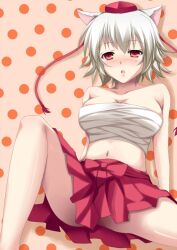  animal_ears bad_id bad_pixiv_id blush breasts chest_sarashi female hat inubashiri_momiji large_breasts midriff navel no_shirt red_eyes sarashi short_hair sitting skirt solo spread_legs tokin_hat touhou white_hair wolf_ears yappen 