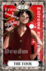  1boy anchor bad_id bad_pixiv_id black_hair english_text hat jolly_roger male_focus monkey_d._luffy nira_(nira_box) one_piece scar solo straw_hat straw_hats_jolly_roger tarot tarot_(medium) the_fool_(tarot) 