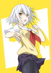  ben-tou black_pantyhose blush commentary_request female fighting_stance kuronyan looking_at_viewer open_mouth orange_eyes pantyhose photoshop_(medium) red_eyes school_uniform shadow short_hair solo sweater_vest thumbs_down two-tone_background white_background white_hair yarizui_sen yellow_background 