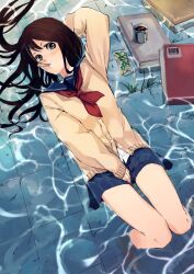  arm_behind_head bad_id bad_pixiv_id barcode bare_legs barefoot book brown_hair cardigan coffee cup female from_above knees_together_feet_apart knees_up long_hair looking_at_viewer lying lying_on_water miniskirt mouth_hold neckerchief on_back original partially_immersed partially_submerged pleated_skirt red_neckerchief school_uniform serafuku shallow_water sideways_glance skirt skirt_tug sleeves_past_wrists solo thigh_gap usui_ryuu water wet wet_clothes 