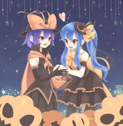  2girls alternate_costume bad_id bad_pixiv_id basket black_dress blue_background blue_hair blush bow candy cape dress earrings elbow_gloves food food-themed_hair_ornament gloves hair_ornament halloween hat hat_bow hat_ribbon heart hinanawi_tenshi jewelry konbu_ame long_hair multiple_girls nagae_iku open_mouth ponytail pumpkin_hair_ornament purple_hair red_eyes ribbon short_hair sidelocks sweets touhou 