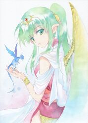  agahari aged_up dragon female fire_emblem fire_emblem:_mystery_of_the_emblem green_eyes green_hair hair_ornament hair_ribbon long_hair parted_lips pointy_ears ponytail ribbon side_slit solo tiki_(fire_emblem) tiki_(young)_(fire_emblem) traditional_media wings wristband 