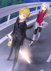  2girls artoria_pendragon_(fate) black_pantyhose blonde_hair boots commentary_request excalibur_(fate/stay_night) fate/zero fate_(series) formal glowing glowing_sword glowing_weapon green_eyes guard_rail irisviel_von_einzbern kaerunoashi long_hair multiple_girls pant_suit pants pantyhose ponytail red_eyes road saber_(fate) street suit sword thigh_boots thighhighs traffic_barrier weapon white_hair 