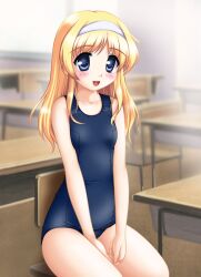  blonde_hair blue_eyes chair commentary_request daitoshokan_no_hitsujikai desk female hairband long_hair neopure one-piece_swimsuit photoshop_(medium) school_desk school_swimsuit sitting solo suzuki_kana swimsuit 