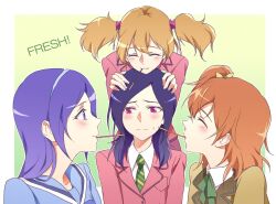  aono_miki bad_id bad_pixiv_id brown_hair christian_private_white_clover_academy_school_uniform closed_eyes eyelashes food fresh_precure! hairband higashi_setsuna long_hair momozono_love mouth_hold multiple_girls necktie negom orange_hair pocky pocky_kiss precure profile public_yotsuba_middle_school_uniform purple_eyes purple_hair red_eyes school_uniform shared_food side_ponytail sweatdrop torigoe_gakuen_school_uniform twintails yamabuki_inori yuri 