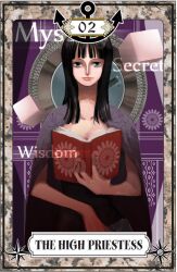  anchor bad_id bad_pixiv_id black_hair blue_eyes book cube english_text female flower long_hair nico_robin nira_(nira_box) one_piece solo tarot tarot_(medium) the_high_priestess_(tarot) 