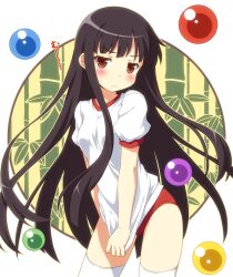  alternate_costume bamboo blush brown_eyes brown_hair buruma commentary_request female gym_uniform houraisan_kaguya long_hair orb red_buruma shirt shirt_tug solo thighhighs touhou very_long_hair white_thighhighs yamasan 