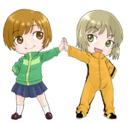  2girls blonde_hair bodysuit brown_eyes brown_hair bruce_lee&#039;s_jumpsuit chibi commentary_request crossover green_eyes high_five huang_baoling jacket lowres multiple_girls mumi_(hrso417) orange_bodysuit persona persona_4 satonaka_chie short_hair tiger_&amp;_bunny track_jacket 