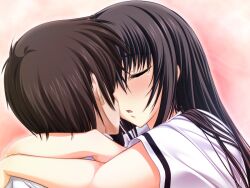  1boy black_hair blush brown_hair close-up close_up closed_eyes female game_cg kawakami_momoyo kissing long_hair maji_de_watashi_ni_koi_shinasai! naoe_yamato short_hair 