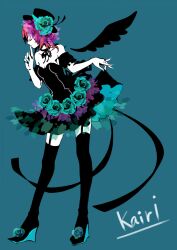  alternate_costume aqua_flower aqua_rose bare_shoulders black_choker black_dress black_hat black_ribbon black_thighhighs blue_background blue_nails breasts character_name choker cleavage closed_eyes closed_mouth clothes_lift collarbone commentary_request detached_sleeves dress dress_lift female finger_to_mouth fingernails flower full_body garter_straps hat hat_flower kairi_(kingdom_hearts) kingdom_hearts legs_apart lifting_own_clothes medium_breasts nail_polish puffy_detached_sleeves puffy_short_sleeves puffy_sleeves red_hair ribbon ribbon_choker rose sakana_(endokana) short_sleeves smile solo standing thighhighs top_hat wings zettai_ryouiki 