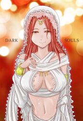  breasts cleavage commentary_request copyright_name criss-cross_halter dark_souls_(series) dark_souls_i female halterneck highres kofire large_breasts midriff navel photoshop_(medium) queen_of_sunlight_gwynevere solo 