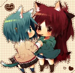  2girls animal_ears bad_id bad_pixiv_id blue_eyes blue_hair cat_ears cat_tail chibi food hair_ornament hair_ribbon hairclip heart holding_hands hood hoodie interlocked_fingers kemonomimi_mode long_hair mahou_shoujo_madoka_magica mahou_shoujo_madoka_magica_(anime) miki_sayaka mitakihara_school_uniform multiple_girls nochita_shin plaid plaid_skirt pleated_skirt pocky red_eyes red_hair ribbon sakura_kyoko school_uniform shorts skirt tail 