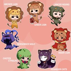  6+boys animal_costume artoria_pendragon_(fate) assassin_(fate/zero) beard berserker_(fate/zero) boned_meat canine cape cat_costume chibi commentary_request cthulhu diarmuid_ua_duibhne_(lancer)_(fate) dog_costume earrings facial_hair fate/tiger_colosseum fate/zero fate_(series) feline female food gilgamesh_(fate) gilles_de_rais_(caster)_(fate) highres iskandar_(fate) jewelry lion lion_costume mask meat mole mole_under_eye multiple_boys necklace neco-arc ogachin polearm saber_(fate) saber_lion sparkle spear tsukihime weapon wolf wolf_costume 