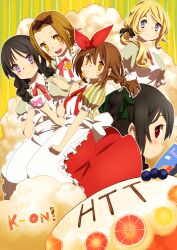  5girls akiyama_mio alternate_hairstyle apron bad_id bad_pixiv_id black_hair blonde_hair blue_eyes bow braid brown_eyes brown_hair cup dress hairband hairbow hajime_(hajime-ill-1st) hirasawa_yui holding k-on! kotobuki_tsumugi long_hair multiple_girls nakano_azusa open_mouth ponytail puffy_sleeves purple_eyes red_eyes ribbon short_hair side_ponytail smile star_(symbol) striped tainaka_ritsu teacup twin_braids vertical_stripes yellow_eyes 