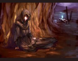  black_hair commentary_request corpse dark_souls_(series) dark_souls_i female kokutan_kitsunen letterboxed photoshop_(medium) quelaana_of_izalith red_eyes robe sitting solo 