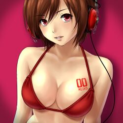  bikini breasts brown_eyes brown_hair cleavage commentary_request female headphones kirita_asami large_breasts light_smile lips lipstick makeup meiko_(vocaloid) parted_lips red_eyes short_hair smile swimsuit upper_body vocaloid 