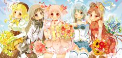  5girls akemi_homura akemi_homura_(magical_girl) bad_id bad_pixiv_id cape flower highres kaname_madoka kaname_madoka_(magical_girl) long_hair mahou_shoujo_madoka_magica mahou_shoujo_madoka_magica_(anime) miki_sayaka miki_sayaka_(magical_girl) multiple_girls pantyhose sakura_kyoko sakura_kyoko_(magical_girl) short_hair sodapop_(iemaki) thighhighs tomoe_mami tomoe_mami_(magical_girl) white_cape 