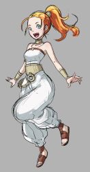  aqua_eyes armband bare_shoulders butcha-u choker chrono_trigger commentary_request female jewelry marle_(chrono_trigger) open_mouth orange_hair photoshop_(medium) sandals smile solo toe_ring 