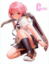  absurdres black_footwear black_ribbon black_skirt bob_cut boomerang boots bow bracelet convenient_leg female full_body highres houjou_kuniko jewelry murata_range neck_ribbon official_art photoshop_(medium) pink_hair purple_eyes ribbon scan school_uniform shangri-la shirt short_hair simple_background skirt smile solo weapon white_shirt 