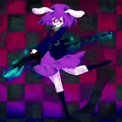  animal_ears checkered_background commentary_request eyelashes female gun kneehighs koishi_komeiji&#039;s_heart-throbbing_adventure minumi photoshop_(medium) purple_background purple_hair purple_skirt rabbit_ears red_eyes reisen_(touhou_bougetsushou) rifle short_hair skirt smile socks solo standing time_warp_rifle touhou weapon 