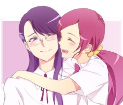  ^_^ bad_id bad_pixiv_id blush closed_eyes glasses hanasaki_tsubomi heartcatch_precure! hug long_hair multiple_girls negom one_eye_closed open_mouth pink_hair precure purple_eyes purple_hair smile tsukikage_yuri yuri 