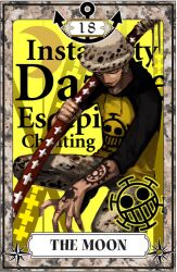  1boy anchor bad_id bad_pixiv_id beard black_hair earrings english_text facial_hair goatee hat jewelry long_sideburns male_focus nira_(nira_box) one_piece raglan_sleeves sideburns solo sword tarot tarot_(medium) tattoo the_moon_(tarot) trafalgar_law weapon 