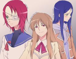  bad_id bad_pixiv_id bangs blue_hair blush brown_hair eyepatch fujino_shizuru green_eyes jacket kuga_natsuki long_hair multiple_girls my-hime negom parted_bangs red_eyes red_hair school_uniform sidelocks smirk yuuki_nao 