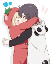  2girls :d animal_costume black_hair blonde_hair closed_eyes commentary_request funami_yui hug maka_(hyougenbu) multiple_girls open_mouth pajamas panda_costume smile tomato_costume toshinou_kyouko yuri yuru_yuri 