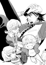  4boys barnaby_brooks_jr. bomber_jacket boots bracelet cabbie_hat chibi commentary_request facial_hair glasses greyscale hat ivan_karelin jacket jewelry kaburagi_t._kotetsu keith_goodman letterman_jacket male_focus monochrome multiple_boys necktie stubble tiger_&amp;_bunny vest waistcoat yokota_mamoru 