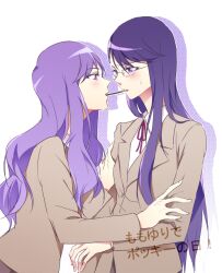  bangs blush food glasses heartcatch_precure! kurumi_momoka long_hair long_sleeves multiple_girls myoudou_gakuen_high_school_uniform negom pocky pocky_kiss precure profile purple_eyes purple_hair school_uniform shared_food sweatdrop swept_bangs tsukikage_yuri yuri 