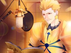  1boy armor blonde_hair commentary_request earrings fate/stay_night fate_(series) gilgamesh_(fate) iberiko jewelry male_focus microphone pop_filter recording_studio red_eyes script short_hair solo studio_microphone 