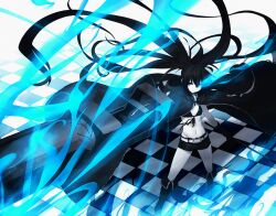  bikini bikini_top_only black_gloves black_hair black_rock_shooter black_rock_shooter_(character) black_shorts blue_eyes blue_fire boots checkered_floor coat commentary_request female fire flaming_eye foreshortening garuku gloves glowing glowing_eye long_hair midriff navel no_shirt pale_skin photoshop_(medium) scar shorts solo standing swimsuit sword twintails very_long_hair weapon 