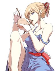  alice_margatroid alternate_costume alternate_hairstyle bare_shoulders blonde_hair blue_dress blue_eyes carving chisel collarbone commentary_request dearmybrothers doll dress female gloves hair_ribbon highres neck ponytail ribbon sash short_ponytail sitting solo squinting strap_slip touhou 