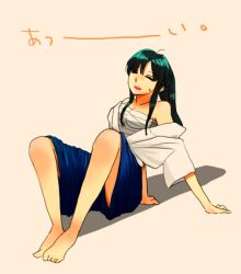  ayana0109 bad_id bare_shoulders barefoot black_hair closed_eyes feet female japanese_clothes kamiya_kaoru long_hair ponytail rurouni_kenshin sarashi sitting solo sweatdrop 