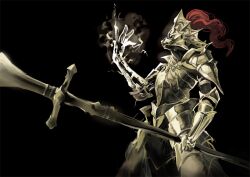  armor commentary_request dark_souls_(series) dark_souls_i dragon_slayer_ornstein full_armor helmet photoshop_(medium) polearm red_hair solo spear tsurukame weapon 