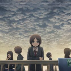  1boy 4girls arm_support brown_hair cloud commentary_request grey_eyes multiple_girls original pedestrian_bridge school_uniform short_hair sky yajirushi_(chanoma) 