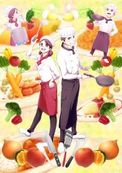  1boy absurdres apple apron bad_id bad_pixiv_id bell_pepper broccoli brown_eyes brown_hair cake carrot chef chef_hat copyright_request curry egg female food fruit frying_pan green_pepper grin hand_on_own_hip hat highres knife ladle lettuce meat nari830 noodles omelet omurice onion potato red_pepper rice short_hair sleeves_rolled_up smile spatula strawberry tomato toque_blanche twintails yellow_pepper 