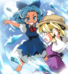  2girls bad_id bad_pixiv_id blonde_hair blue_eyes blue_hair bow brown_eyes cirno dress hairbow hat ice icicle moriya_suwako multiple_girls oerba_yun_fang open_mouth photoshop_(medium) rivalry sun suzu_(suzuko) touhou wings 