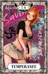  anchor bad_id bad_pixiv_id breasts cleavage english_text female medium_breasts nami_(one_piece) nira_(nira_box) official_alternate_costume one_piece orange_hair skirt smile solo tarot tarot_(medium) temperance_(tarot) 