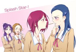  bad_id bad_pixiv_id blue_eyes blush brown_hair closed_eyes eyelashes food futari_wa_precure_splash_star hair_ornament hairclip half_updo hand_on_another&#039;s_chin hyuuga_saki kiryuu_kaoru kiryuu_michiru long_hair long_sleeves mishou_mai mouth_hold multiple_girls negom open_mouth pocky precure profile purple_eyes purple_hair red_eyes red_hair school_uniform sharing_food short_hair sweatdrop very_short_hair yuri yuunagi_middle_school_uniform 