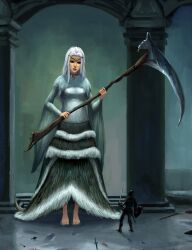  ambiguous_gender artist_request barefoot chosen_undead dark_souls_(series) dark_souls_i dragon_girl feet female fur giant giantess horns long_hair photoshop_(medium) priscilla_the_crossbreed scythe shield size_difference solo sword tail toes weapon white_hair 