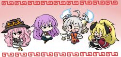  4girls :3 ^_^ ahoge bell blonde_hair blush bowl braid chinese_clothes chopsticks cloak closed_eyes commentary_request cross food glasses grey_hair hair_ornament hair_ribbon highres horns jingle_bell kamaboko long_hair meandros multiple_girls narutomaki noodles oerba_yun_fang one_eye_closed open_mouth pink_eyes pink_hair pipipi pixiv_fantasia pixiv_fantasia_wizard_and_knight pointy_ears ponytail purple_hair ramen red_eyes ribbon sitting sleeves_past_wrists smile tail yanagi_(nurikoboshi) yellow_eyes 