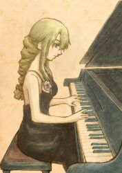  agrias_oaks bare_shoulders beige_background black_dress blonde_hair braid braided_ponytail casual commentary_request dress expressionless female final_fantasy final_fantasy_tactics flower from_side instrument long_hair looking_down music piano playing_instrument playing_piano rose shishio_(artist) sidelocks simple_background single_braid sitting sleeveless sleeveless_dress solo 