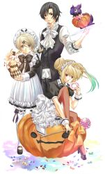  1boy 2girls ahoge alternate_costume alternate_hairstyle bad_id bad_pixiv_id black_hair blonde_hair bow braid brown_eyes brown_legwear butler candy collar creature dress dyed_ahoge elize_lutus elize_lutus_(maid) food formal frills full_body green_hair hair_bun hat hinakisara jack-o&#039;-lantern jelly_bean jude_mathis jude_mathis_(butler) lollipop maid maid_headdress milla_maxwell milla_maxwell_(maid) multicolored_hair multiple_girls official_alternate_costume painttool_sai_(medium) pantyhose pumpkin red_eyes ribbon shoes short_hair single_hair_bun sitting suit tales_of_(series) tales_of_xillia teepo_(tales) twin_braids twintails two-tone_hair wrapped_candy yellow_eyes 