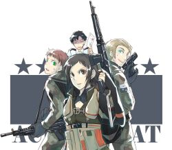  3boys ace_combat ace_combat_5 alvin_h_davenport blaze_(ace_combat) commentary_request female gun hans_grimm kei_nagase military military_uniform mimura_tokusa multiple_boys rifle uniform weapon 