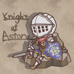  1other ambiguous_gender armor chibi commentary_request dark_souls_(series) dark_souls_i fushigi_ebi helmet knight knight_of_astora_oscar shield solo sword weapon 